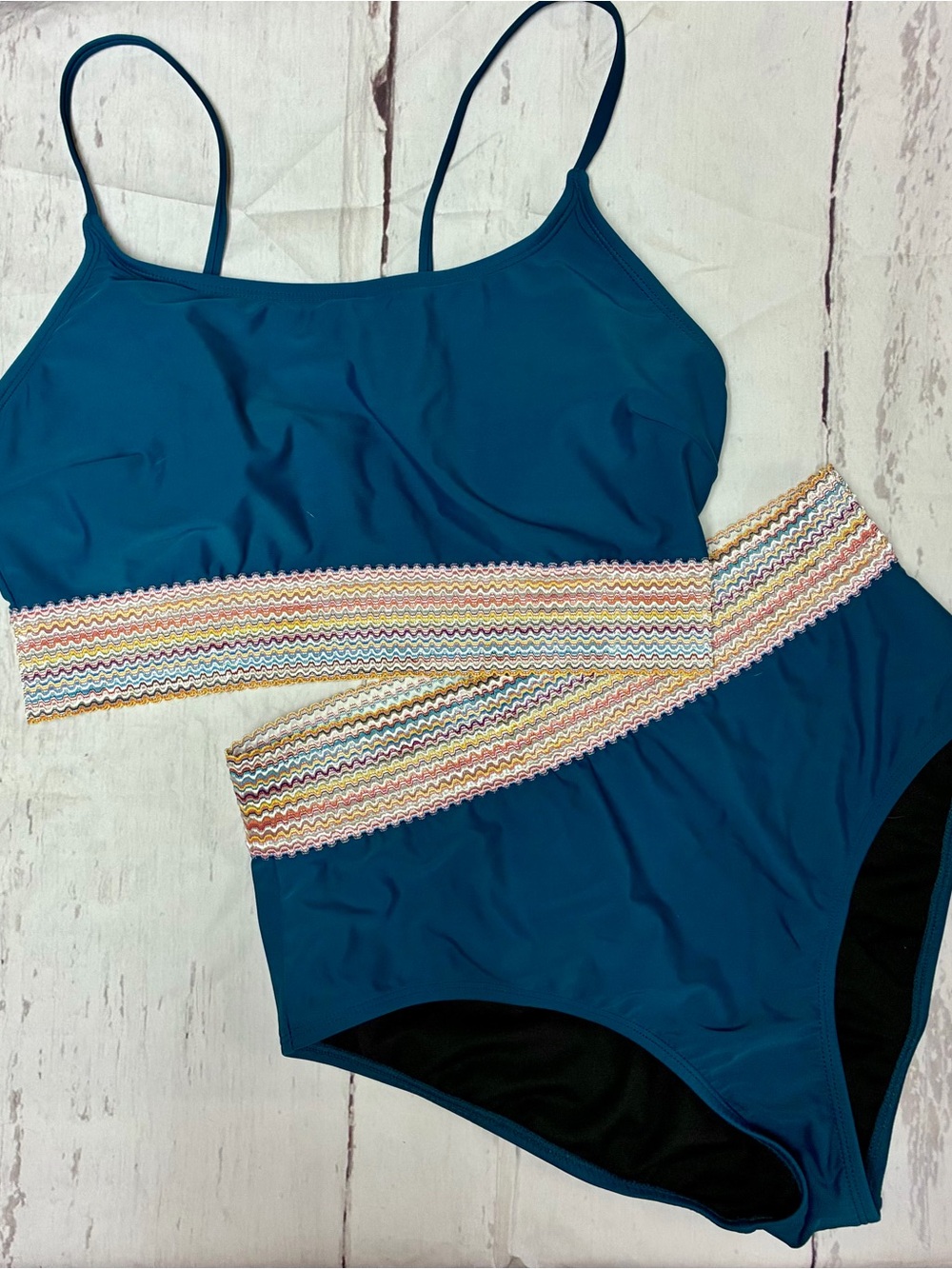 Women’s Blue Two-Piece Bikini with Multicolor Waistband